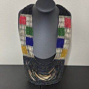 Vintage Silvertone Blue Yellow Red Green Black Glass Seed Bead Necklace